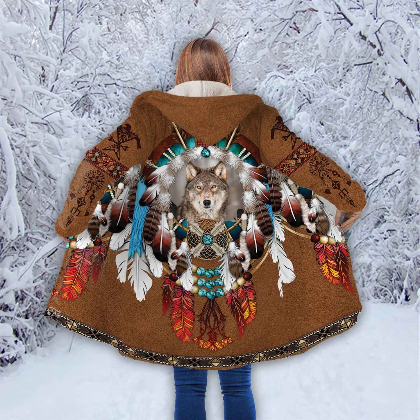 Petthouse | Wolf Dreamcatcher Brown Printed Hooded Cloak, Indian Girls Native Dad Gift  Indigenous