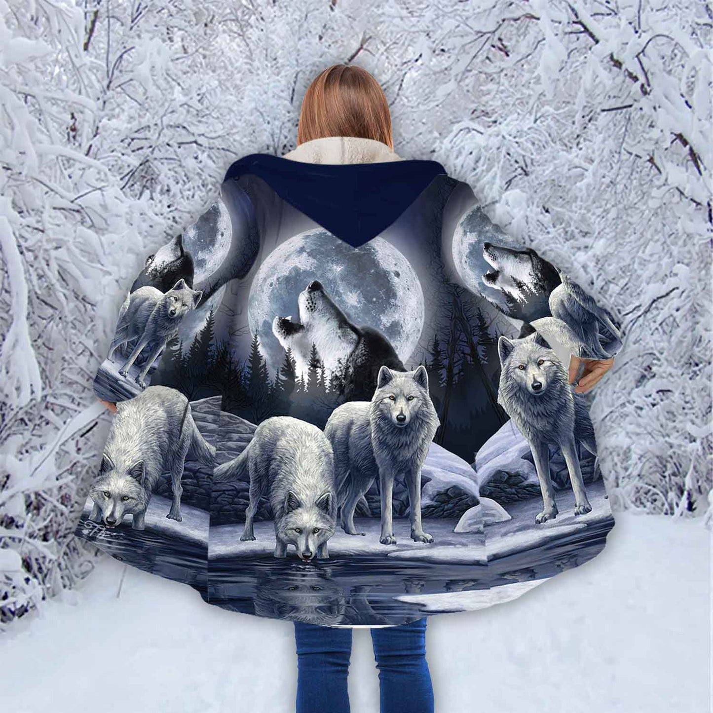 Petthouse | White Wolf Moon Forest Winter Printed Hooded Cloak, Wolf Animal Lovers Christmas Day Gift