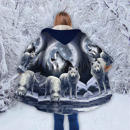 Petthouse | White Wolf Moon Forest Winter Printed Hooded Cloak, Wolf Animal Lovers Christmas Day Gift