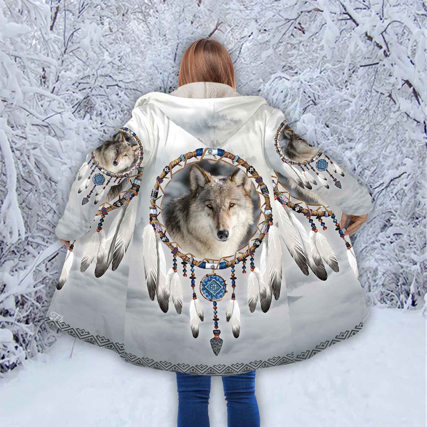 Petthouse | Wolf Face Art Printed Hooded Cloak, Dreamcatcher Wolf Wildlife Animal Christmas Gift