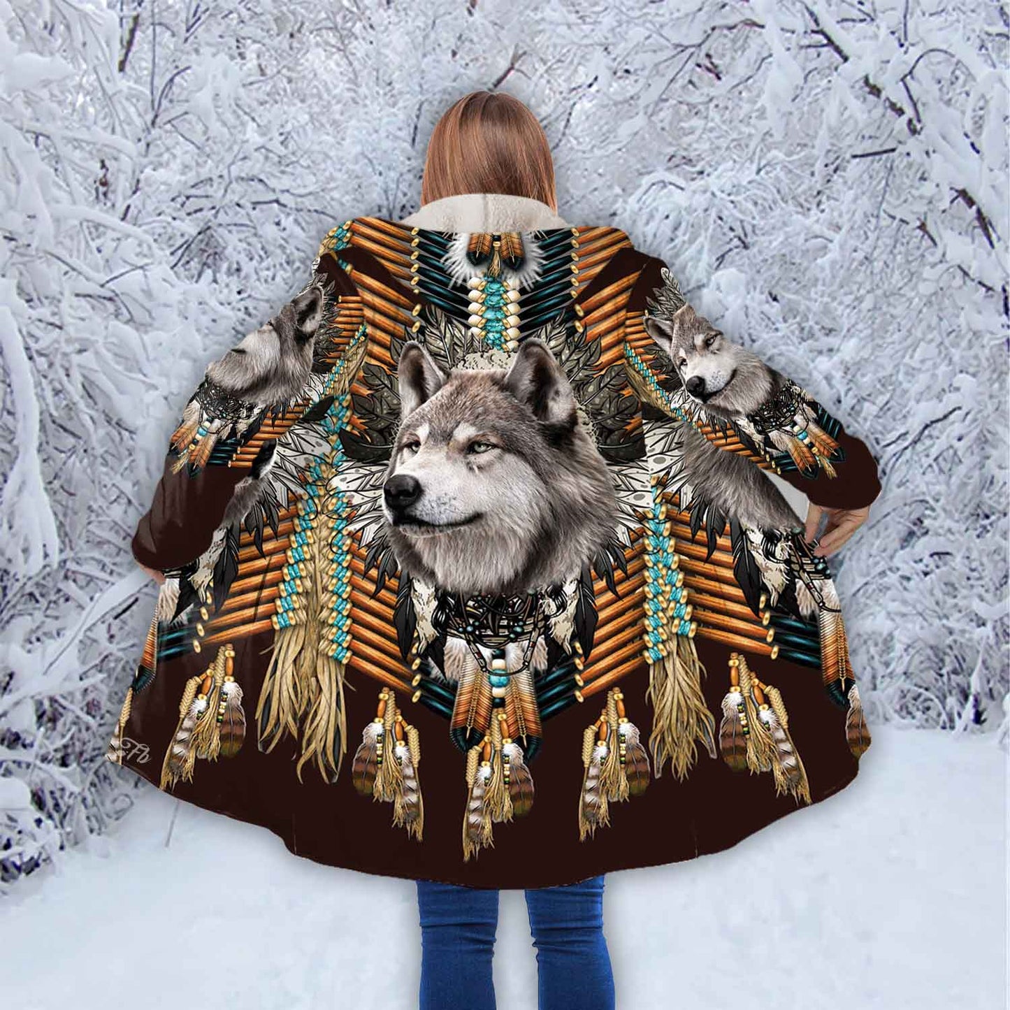 Petthouse | Wolf Face Printed Hooded Cloak, Native American Wolf Wildife Fans Christmas Day Gift