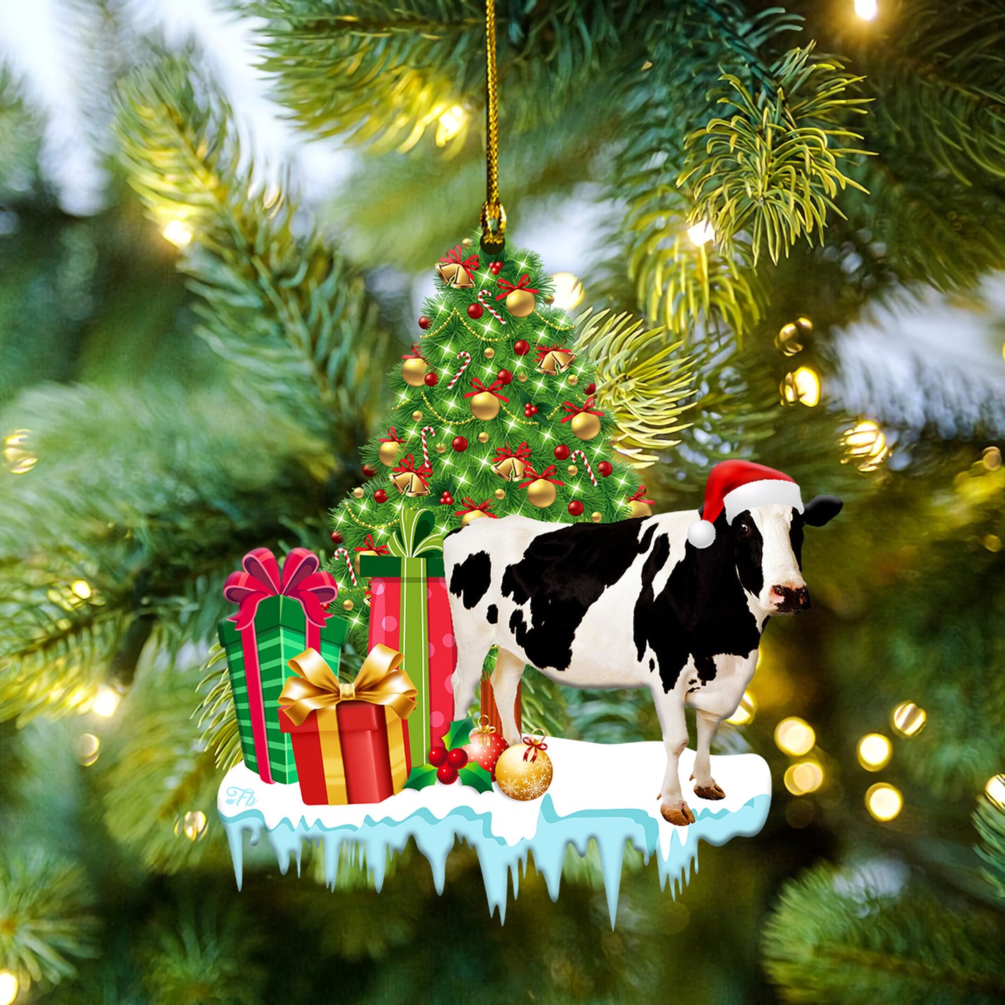 Petthouse | Cow Wear Santa Hat Car Accessory, Christmas Tree Cow Car Hanging, Cow Presents Santa