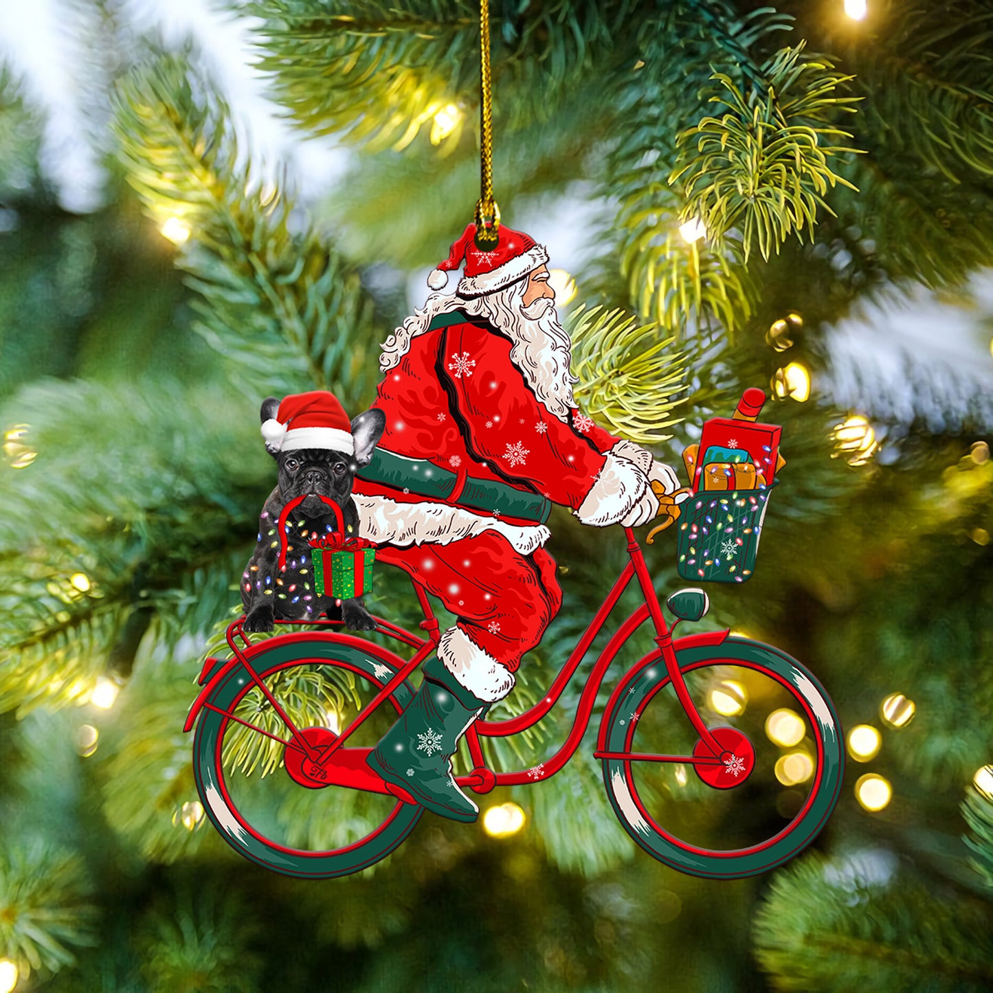 Petthouse | French Bulldog Bicycle Ornament, French Bulldog Santa Ornament, French Bulldog Xmas Decor