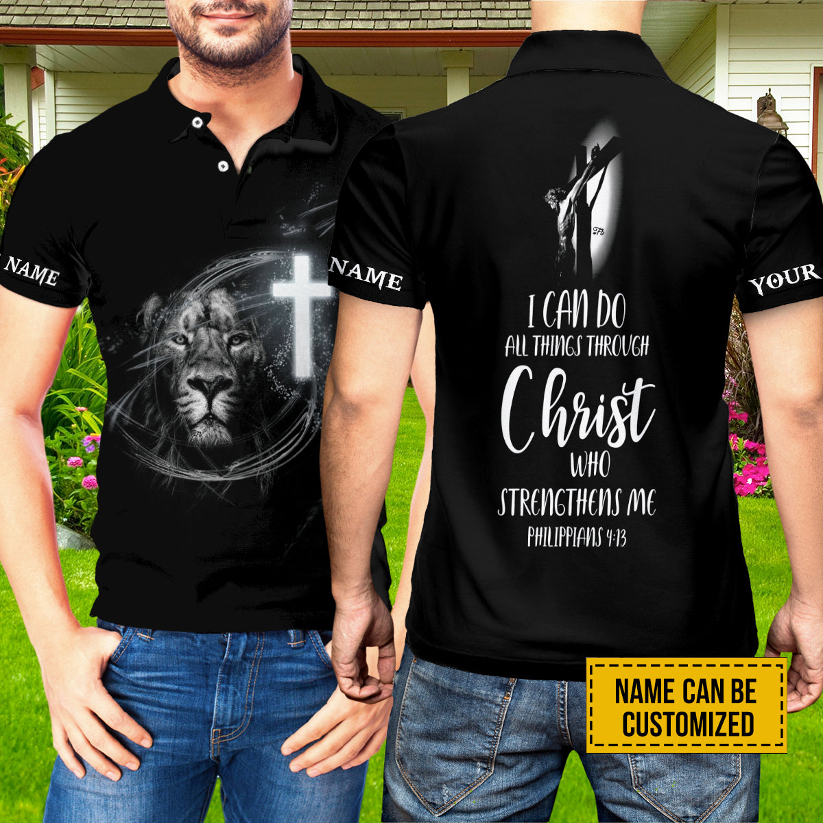 Petthouse | Customized Lion Jesus Cross Polo I Can Do All Things Through Christ