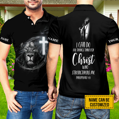 Petthouse | Customized Lion Jesus Cross Polo I Can Do All Things Through Christ