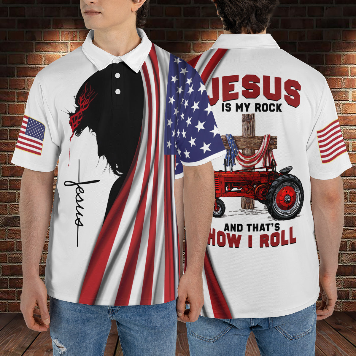 Petthouse | Jesus Christ Tractor American Flag Polo Shirt God Christian Cross Sport Shirt Gift For Farmers