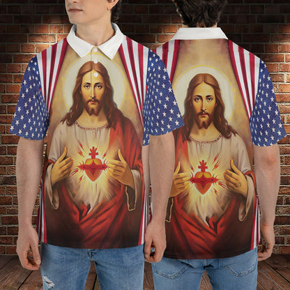 Petthouse | Sacred Heart Jesus American Flag Polo Shirt Jesus Christian Sport Shirt Religious Gift Patriot Gift