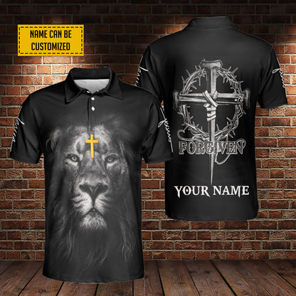 Petthouse | Custom Name Lion Jesus Cross And Crown Polo Forgiven Christian Gift