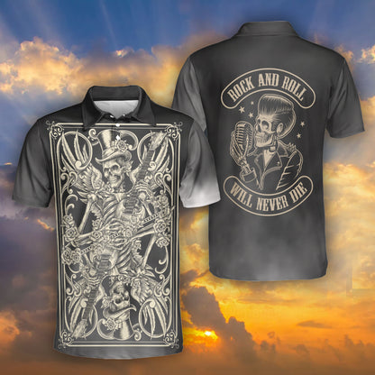 Petthouse | Skull Guitar Polo Shirt Rock And Roll Will Never Die Polo Shirt Music Lovers Gift