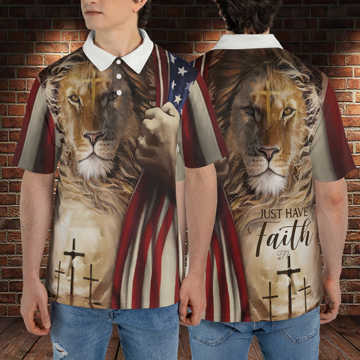 Petthouse | Lion Of Judah Just Have Faith Polo Grunge Usa Flag One Nation Under God Christian American Pride