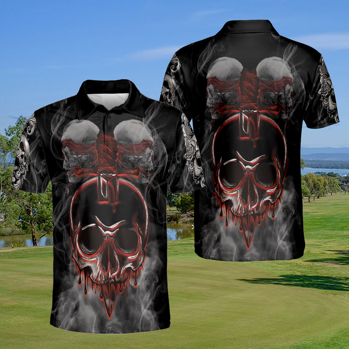 Petthouse | Bloody Skull Artwork Polo Shirt Skull Smoking Polo Shirt Horror Artwork Polo Shirt Horror Style