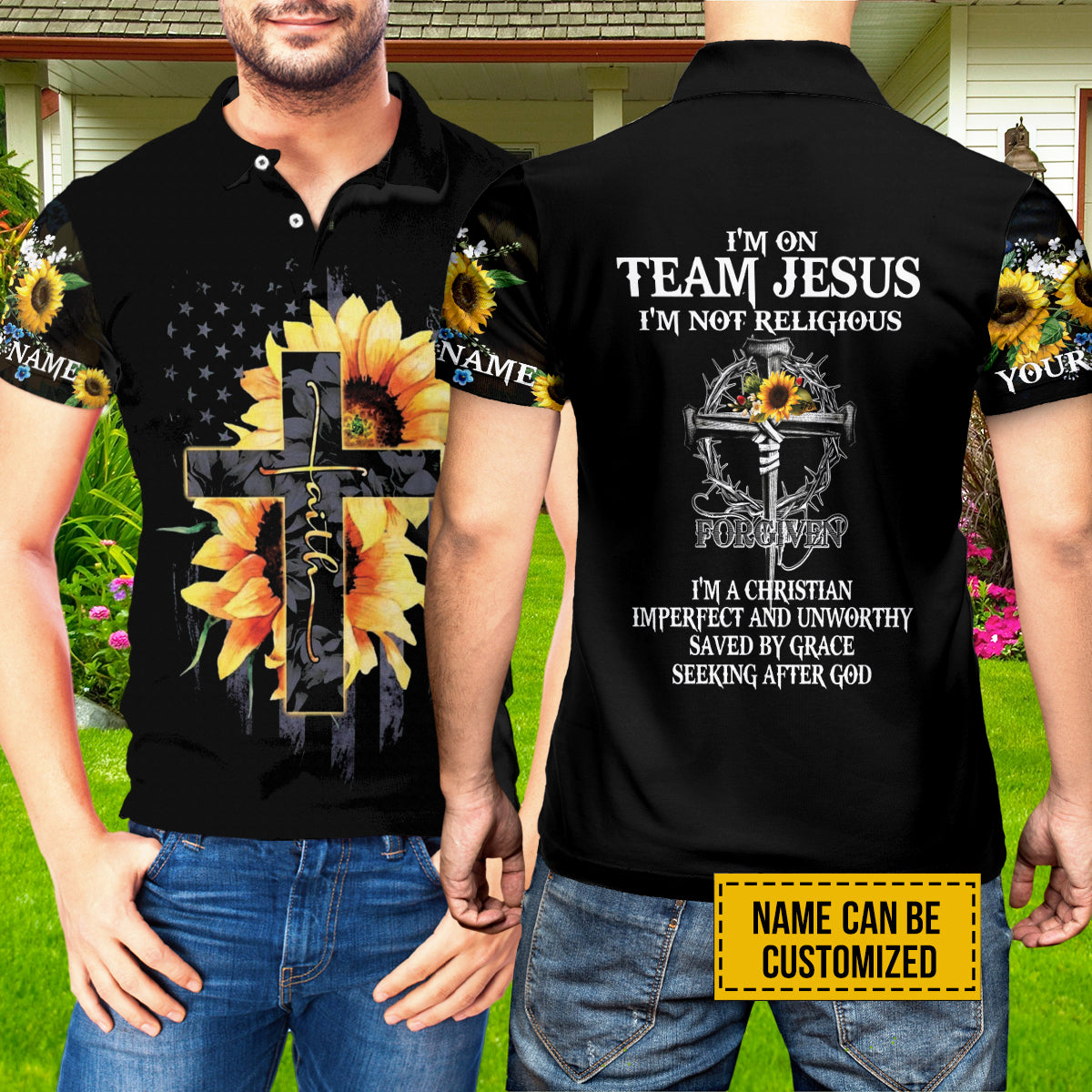 Petthouse | Customized Polo Shirt Cross Sunflower Faith Polo Shirt I'm On Team Jesus Polo Shirt Unisex