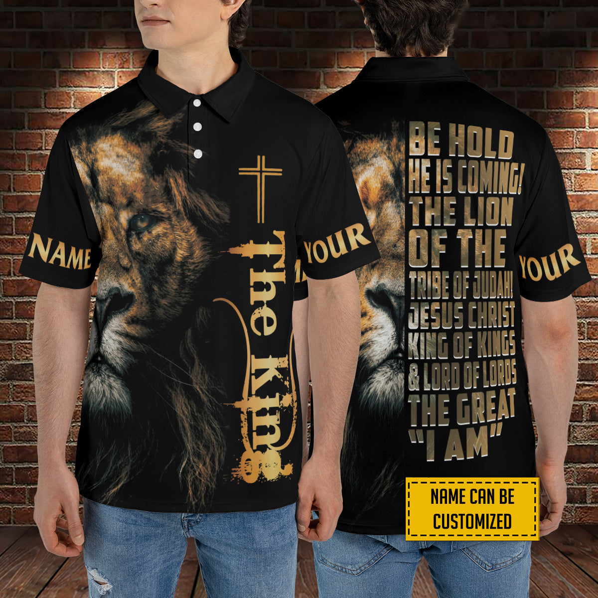 Petthouse | Customized Name Jesus Christian The King Lion Polo Shirt Bible Verse Sport Shirt Religious Gift