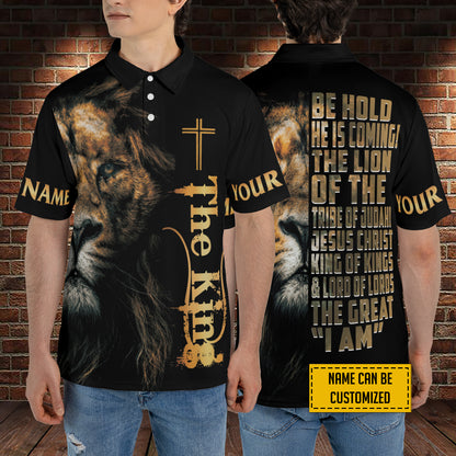 Petthouse | Customized Name Jesus Christian The King Lion Polo Shirt Bible Verse Sport Shirt Religious Gift