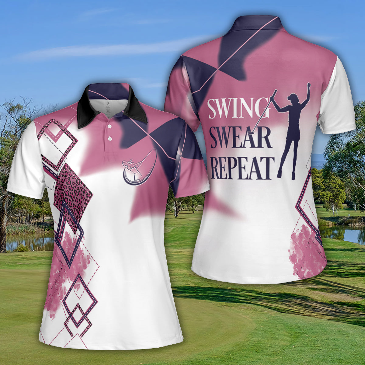 Petthouse | Golf Girl Player Polo Shirt Swing Swear Repeat Women Polo Shirt Golfer Girl Gift