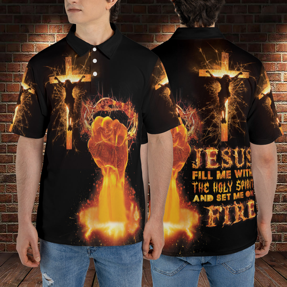 Petthouse | Jesus Christian Fire Polo Shirt The Holy Cross Spirit Sport Shirt God Lovers Gift Religious Gift