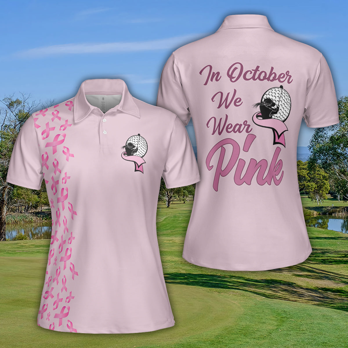 Petthouse | Golf Girl Pink Ribbon Breast Cancer Awareness Polo Shirt In October We Wear Pink