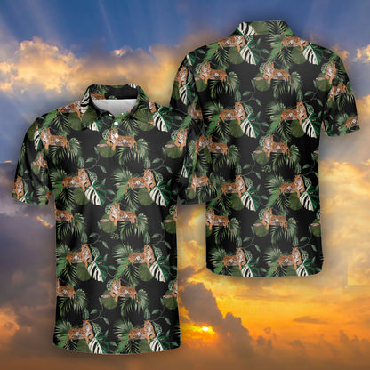 Petthouse | Leopard Tropical Leaves Polo Shirt Wild Leopard Polo Shirt Leopard Tropical Hawaii Style