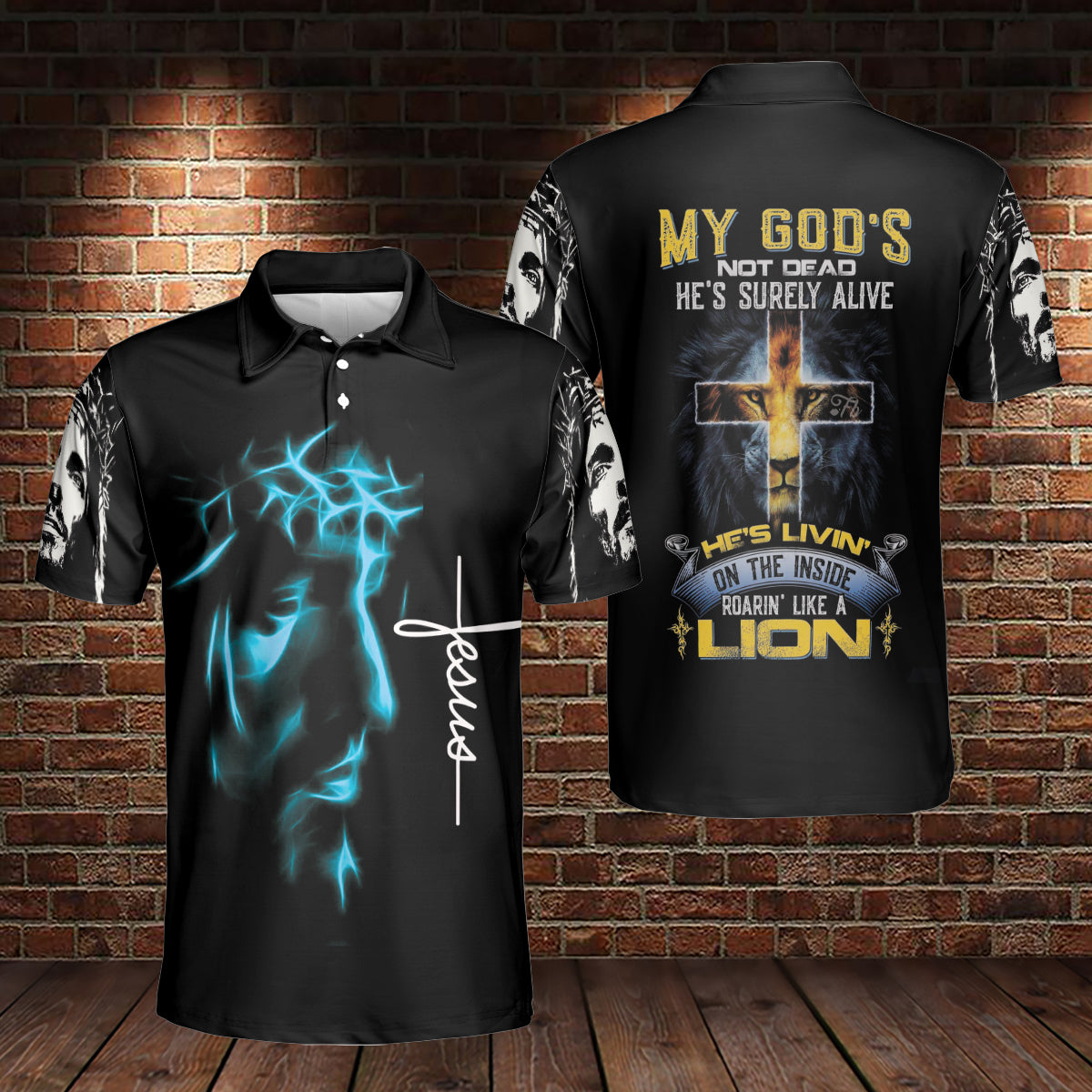 Petthouse | Jesus Artwork Polo Shirt My God Not Dead Polo Shirt Lion Christ Cross Polo Shirt Christian Gift