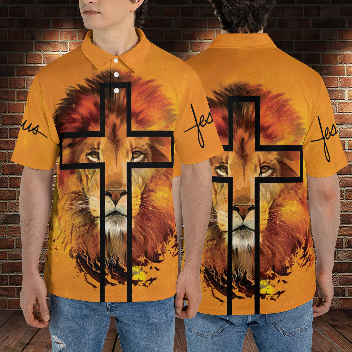 Petthouse | Yellow Lion Face Art Printed Polo For Men Christian Jesus Cross Art Summer Holiday Gift