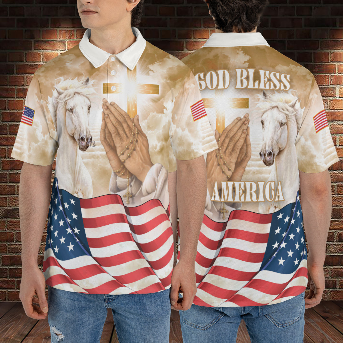 Petthouse | Jesus Christian Horse Heaven Us Flag Polo Shirt God Bless America Sport Shirt Religious Gift