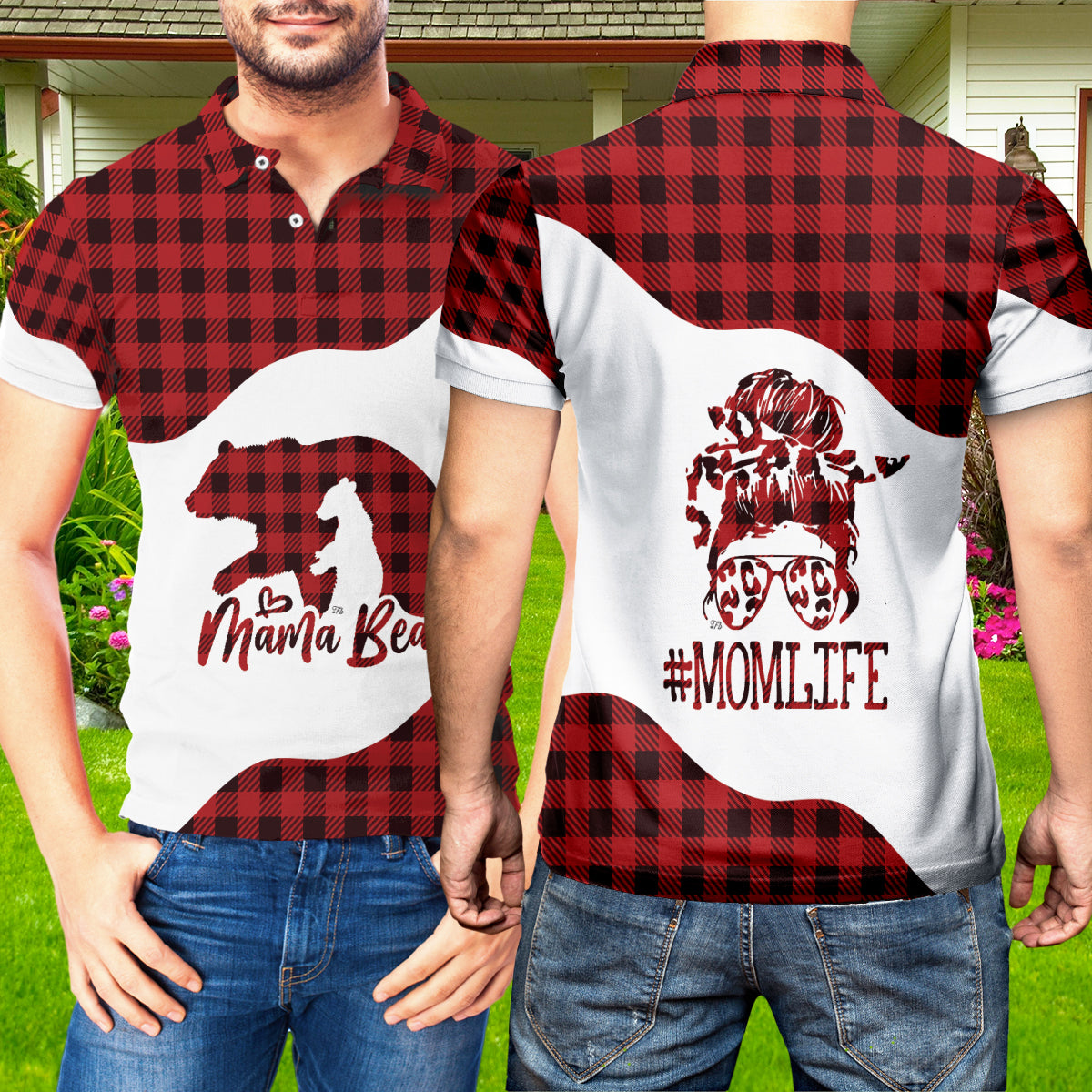 Petthouse | Mama Bear Polo Shirt Life Mom Polo Shirt Red Caro Pattern Polo Shirt Mother's Day Best Gift