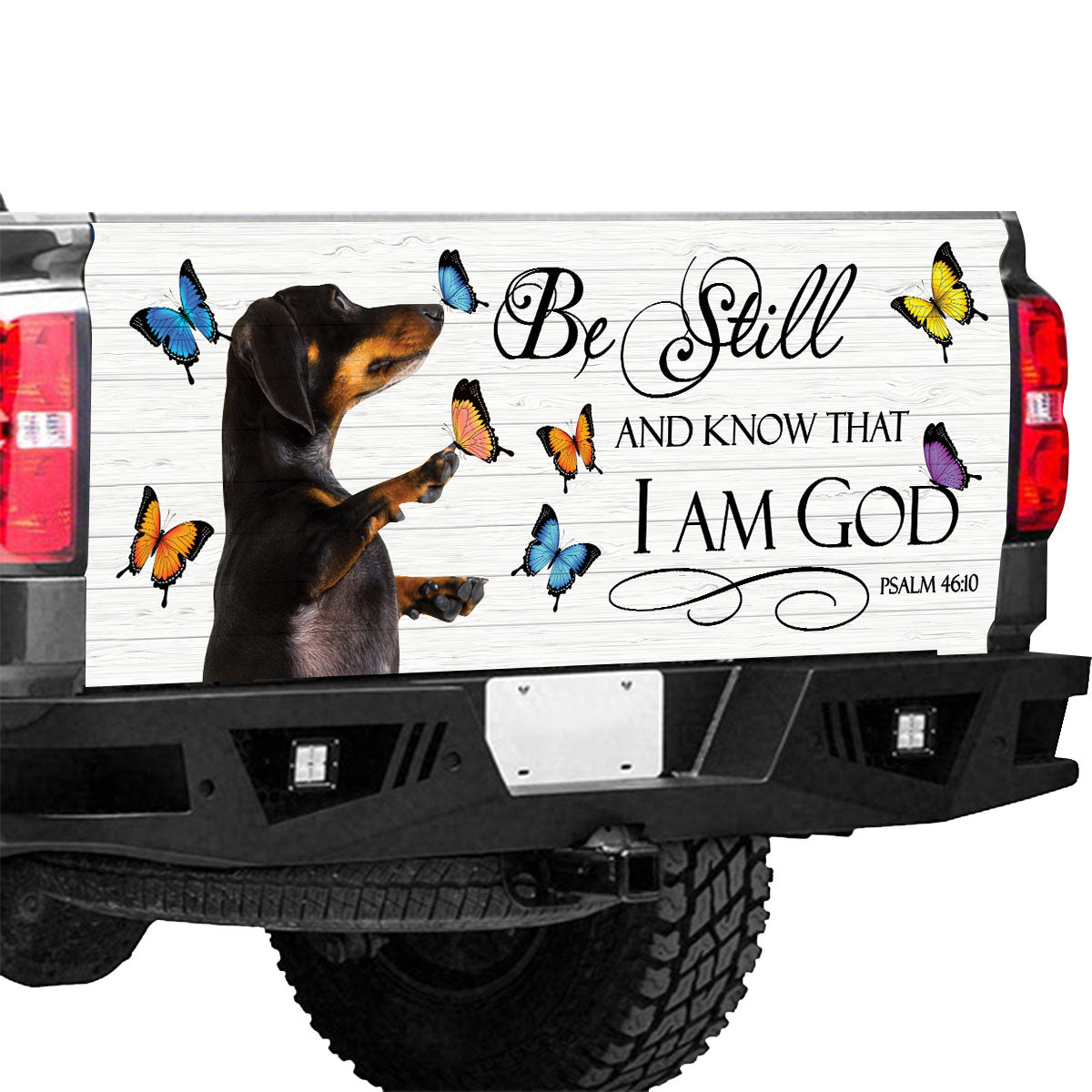 Petthouse | Dachshund With Butterflies Truck Tailgate Wrap Playful Dog Tailgate Mural For Christian Dog Mom Dad