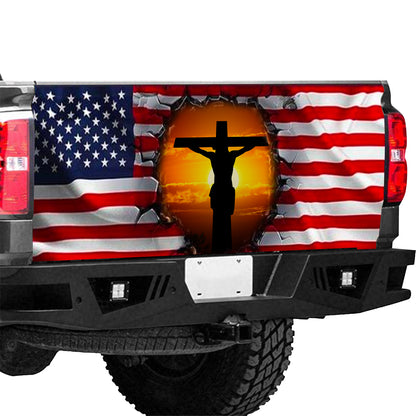 Petthouse | Jesus Sunset Tailgate Wrap, Jesus Crack Hole Usa Flag Tailgate Wrap, One Nation Under God