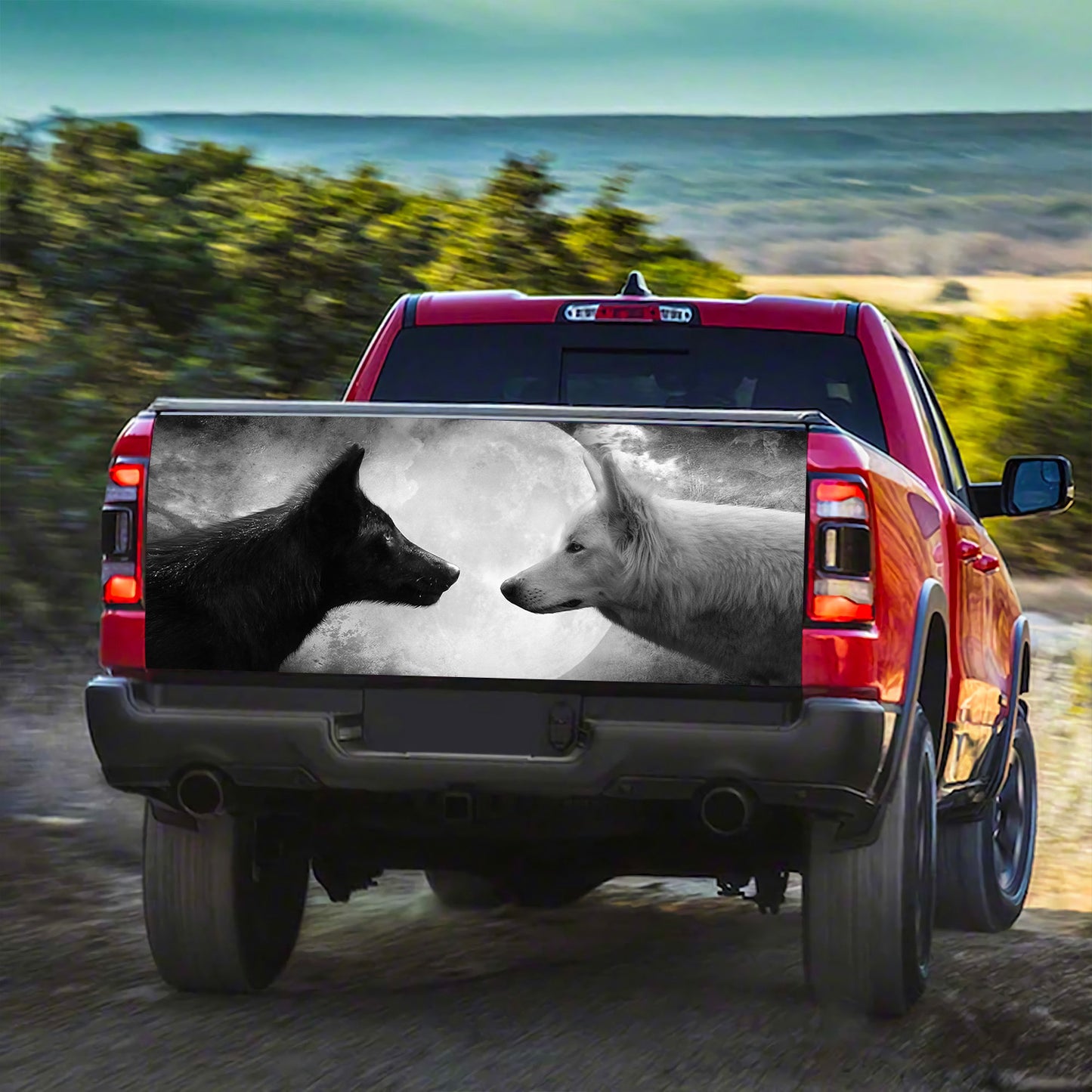 Petthouse | Black White Wolf Couple Moon Tailgate Wrap, Wolf Lovers Truck Decor Gift Idea Husband