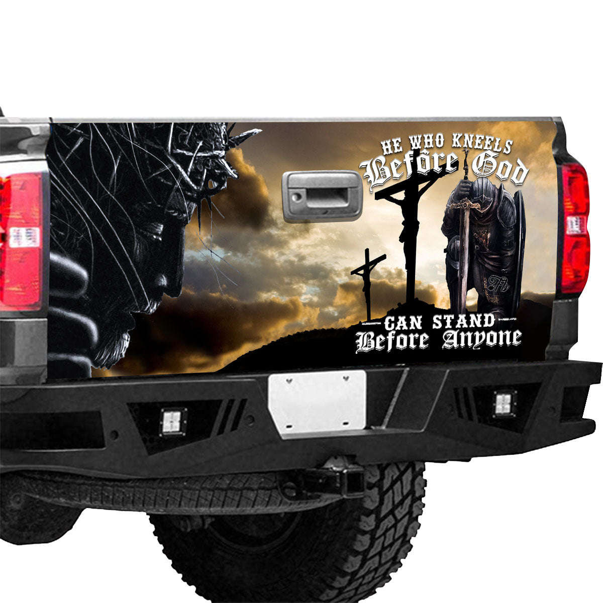 Petthouse | Warrior Christian Tailgate Wrap, He Who Kneels Before God Can Stand Before Anyone