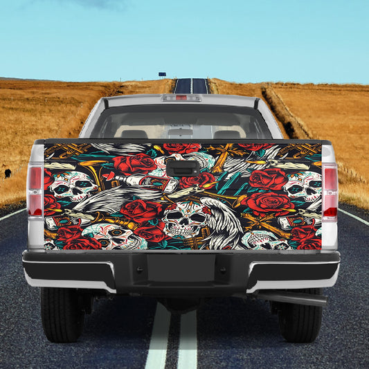 Petthouse | Day Of The Dead Skull Sugar Skull With Rose Flower Tailgate Wrap Car Decor