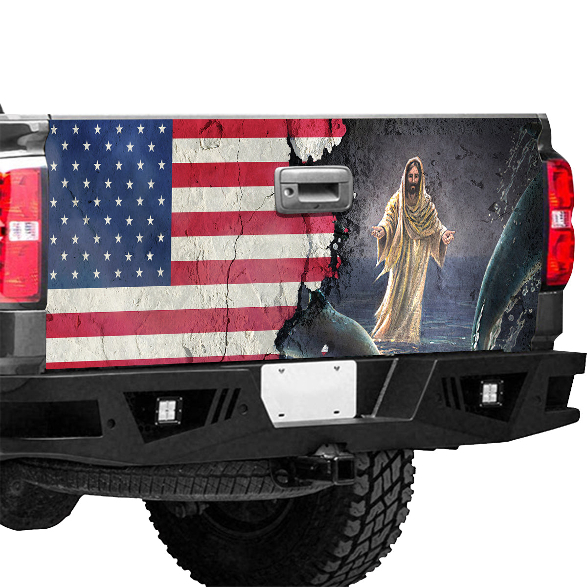 Petthouse | Jesus Christ American Flag Patriot Tailgate Wrap Vinyl Graphic Decal Sticker Christian Gift