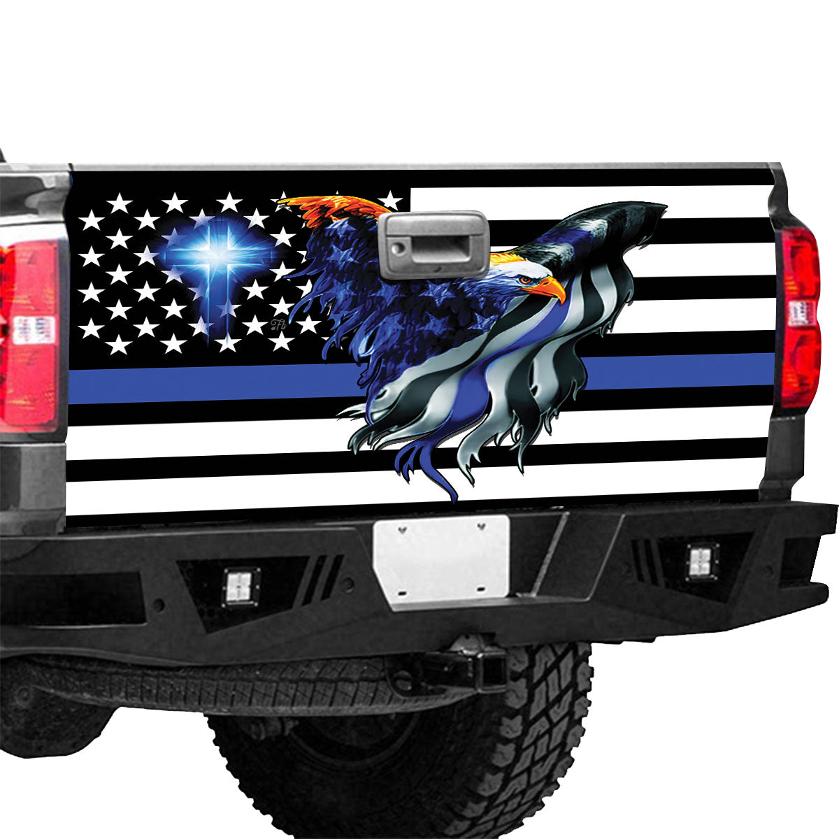 Petthouse | Christian Cross Thin Blue Line Us Flag Eagle Tailgate Wrap Decal Truck Decor