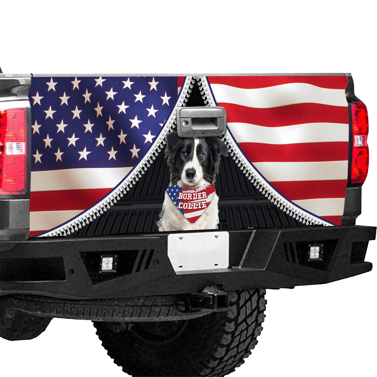 Petthouse | Border Collie Tailgate Vinyl Wrap American Flag Patriotic Collie Dog Tailgate Mural 4th Of July