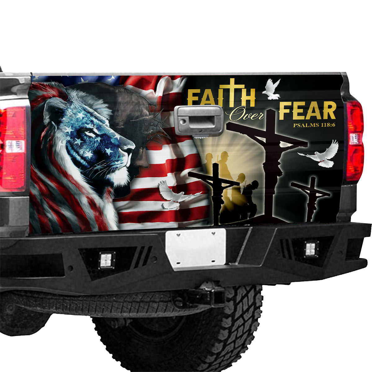 Petthouse | Faith Over Fear Tailgate Wraps For Trucks Jesus Lion Of Judah Graphic Wraps Patriotic Gifts