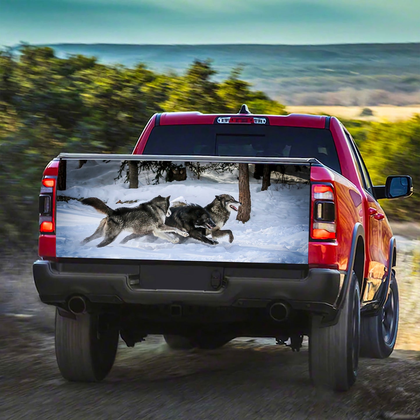 Petthouse | Wolf Running Talgate Wrap, Wolf Winter Forst Printed, Wolf Lovers Truck Decor Dad Gift