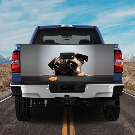 Petthouse | Cute Sad Pug Looks At Cookie Tailgate Wrap Decal Pug And Cookie Truck Tailgate Sticker