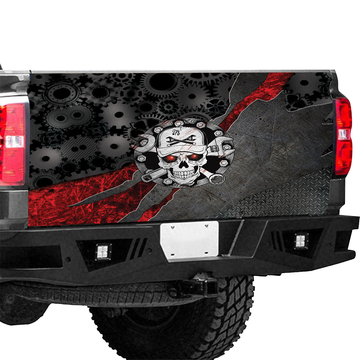 Petthouse | Skull Engineer Tailgate Wrap Gear Pattern Tailgate Wrap Metal Plate Pattern Tailgate Wrap Car Decor