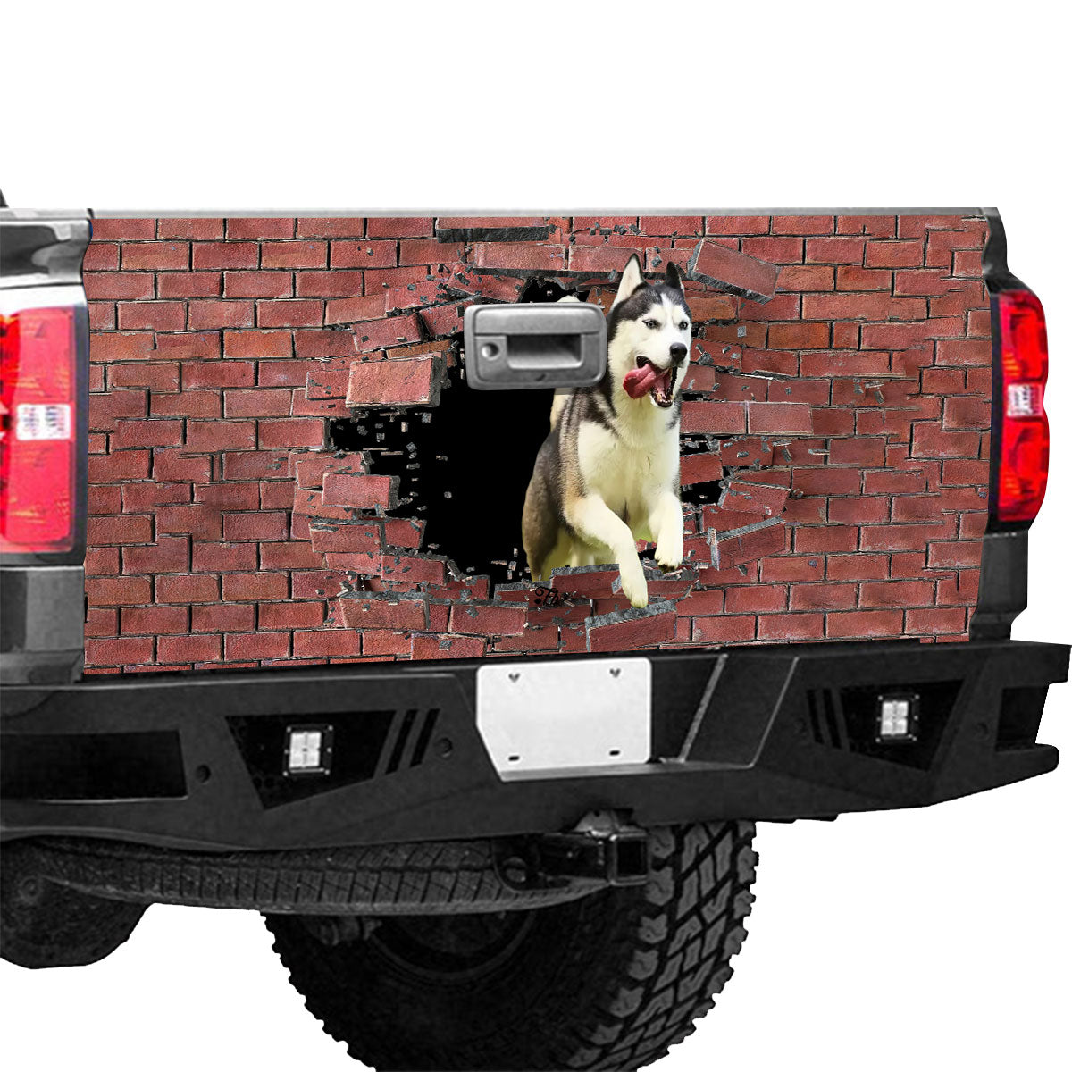 Petthouse | Funny Dog Broken Wall Tailgate Vinyl Graphic Wrap Siberian Husky Rush Through Wall Tailgate Decal