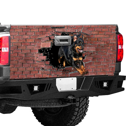 Petthouse | Rottweiler Tailgate Mural Dog Running Out Brick Tailgate Wraps For Trucks Fun Car Accessories