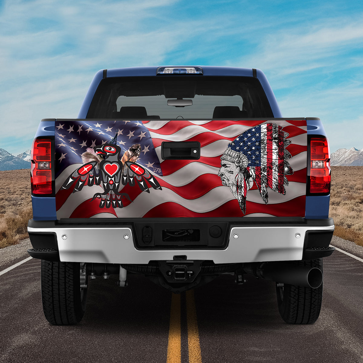 Petthouse | Native American Chief Tailgate Wrap Native Thunderbird Symbol American Flag