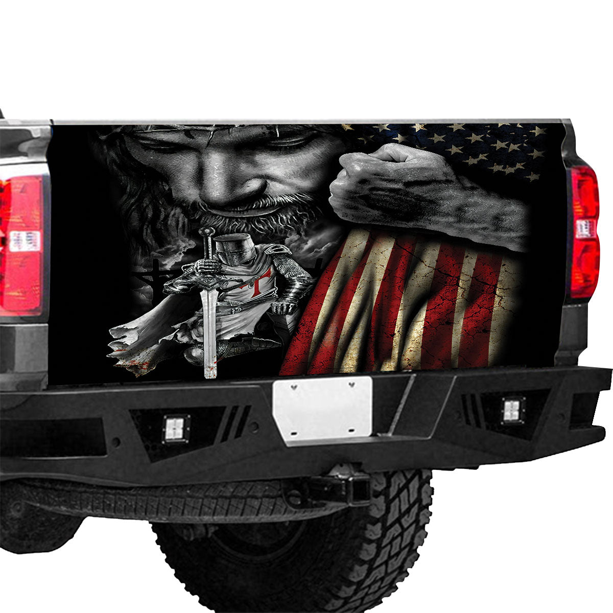 Petthouse | Knight Templar Kneel For The Cross Jesus Christ American Flag Tailgate Wrap Decal Sticker