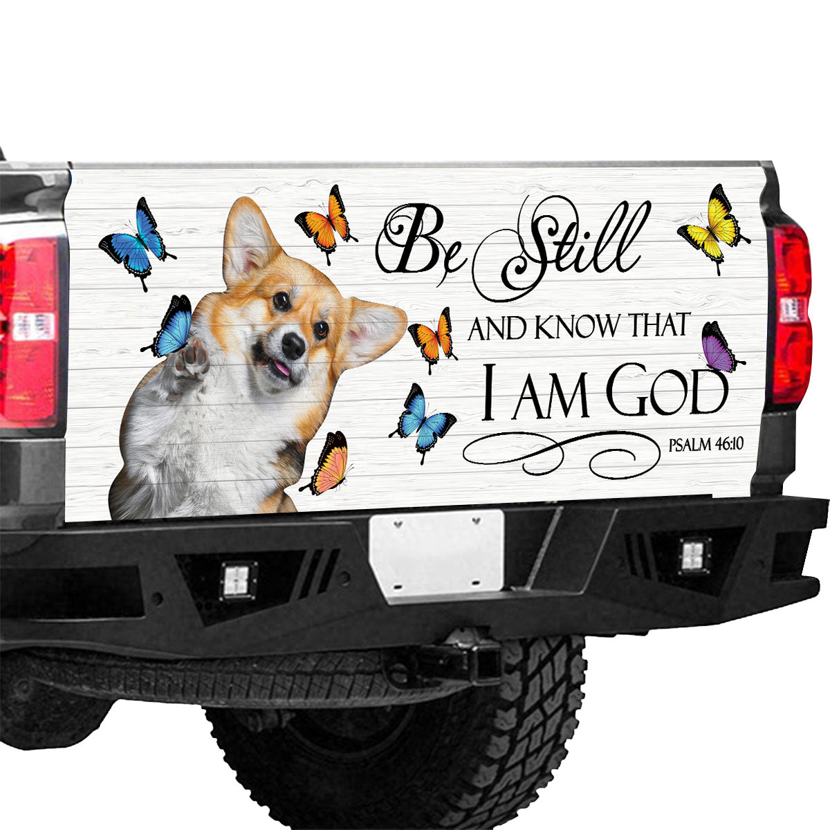 Petthouse | Cute Corgi Play With Butterflies Truck Tailgate Wrap God Bible Verse Truck Wraps Christian