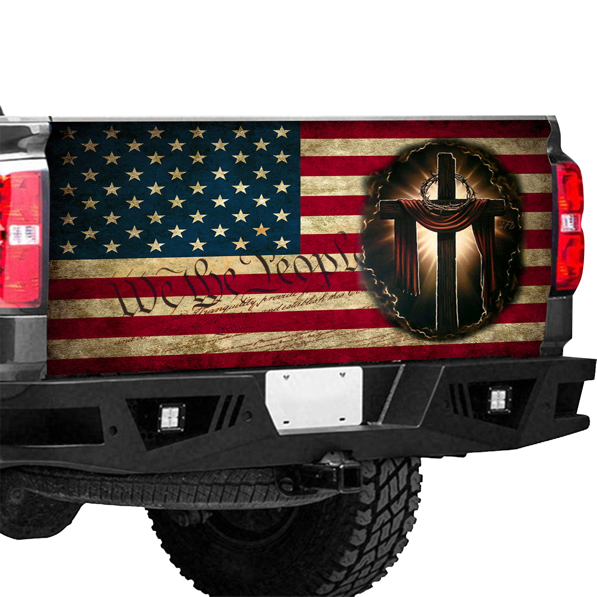 Petthouse | Cross Bible American Flag Truck Tailgate Wrap American Flag We The People Tailgate Decal Christian