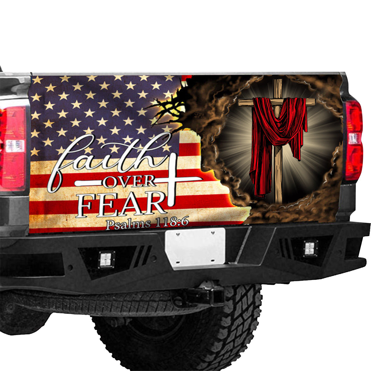 Petthouse | Faith Over Fear Truck Tailgate Wrap Christ Cross Tailgate Wrap God Blessed America Car Decoration