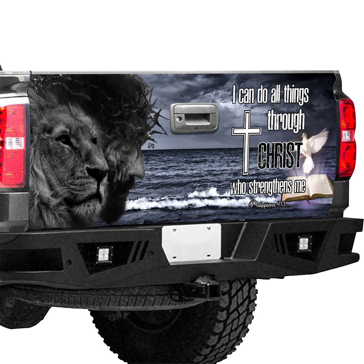 Petthouse | Jesus And Lion Tailgate Wrap, I Can Do All Things Through Christ Tailgate Wrap, Christian Gift