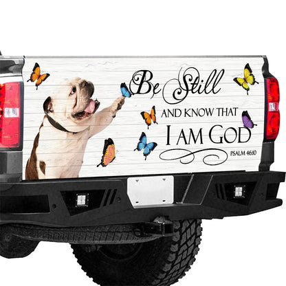 Petthouse | English Bulldog Tailgate Vinyl Graphic Wrap Dog Play With Butterflies Truck Wraps God Bible