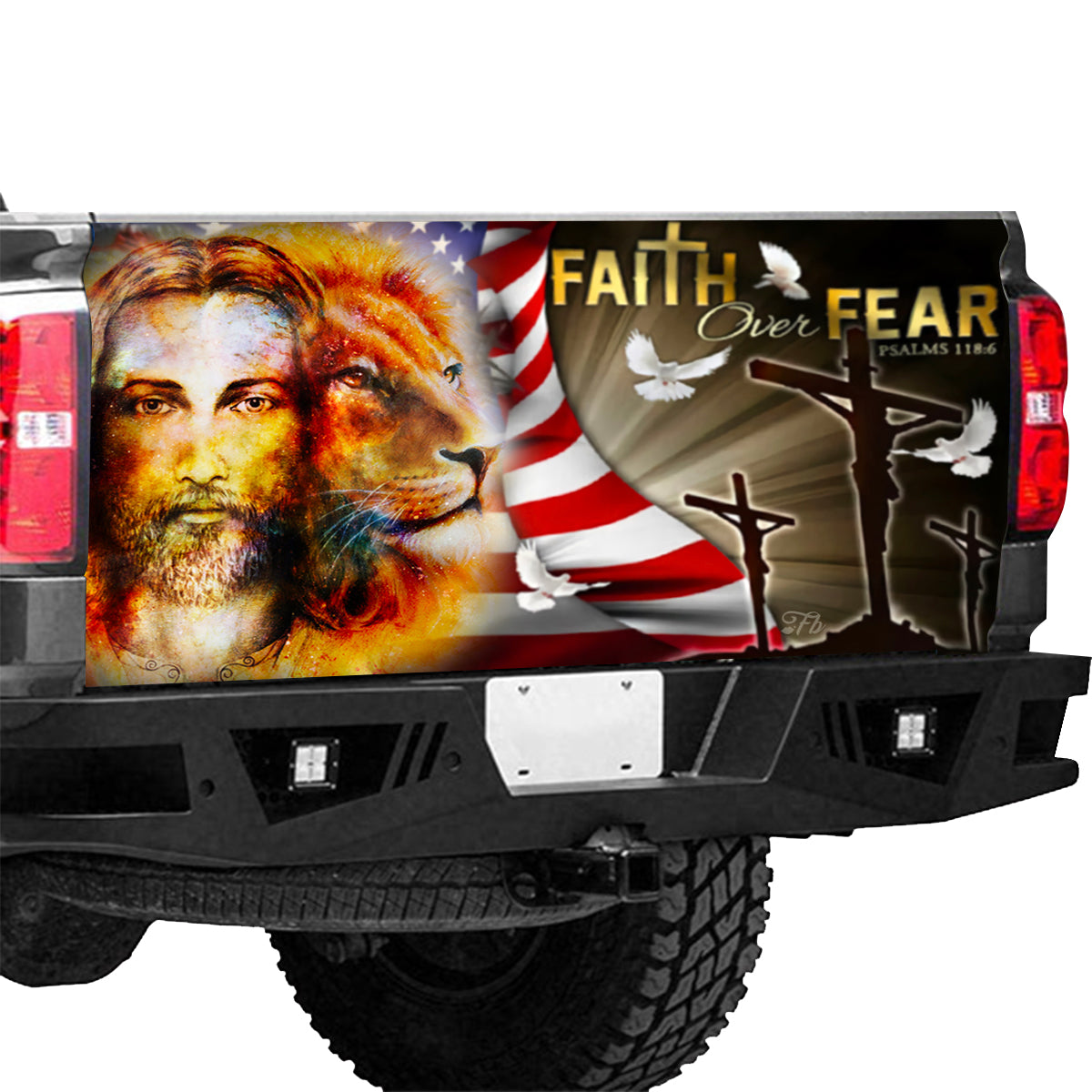 Petthouse | Jesus Lion Of Judah Tailgate Wrap Graphic Decal Jesus Fatih Over Fear American Flag Truck Decal