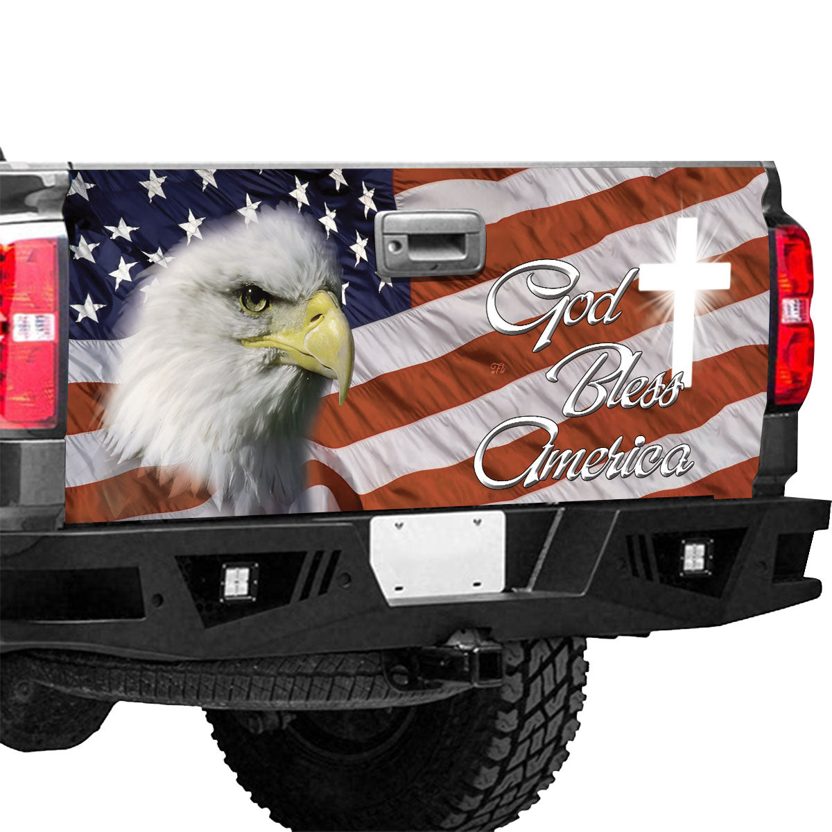 Petthouse | God Bless America Tailgate Wrap Vinyl Graphic Decal Christian Cross American Flag Truck Decoration