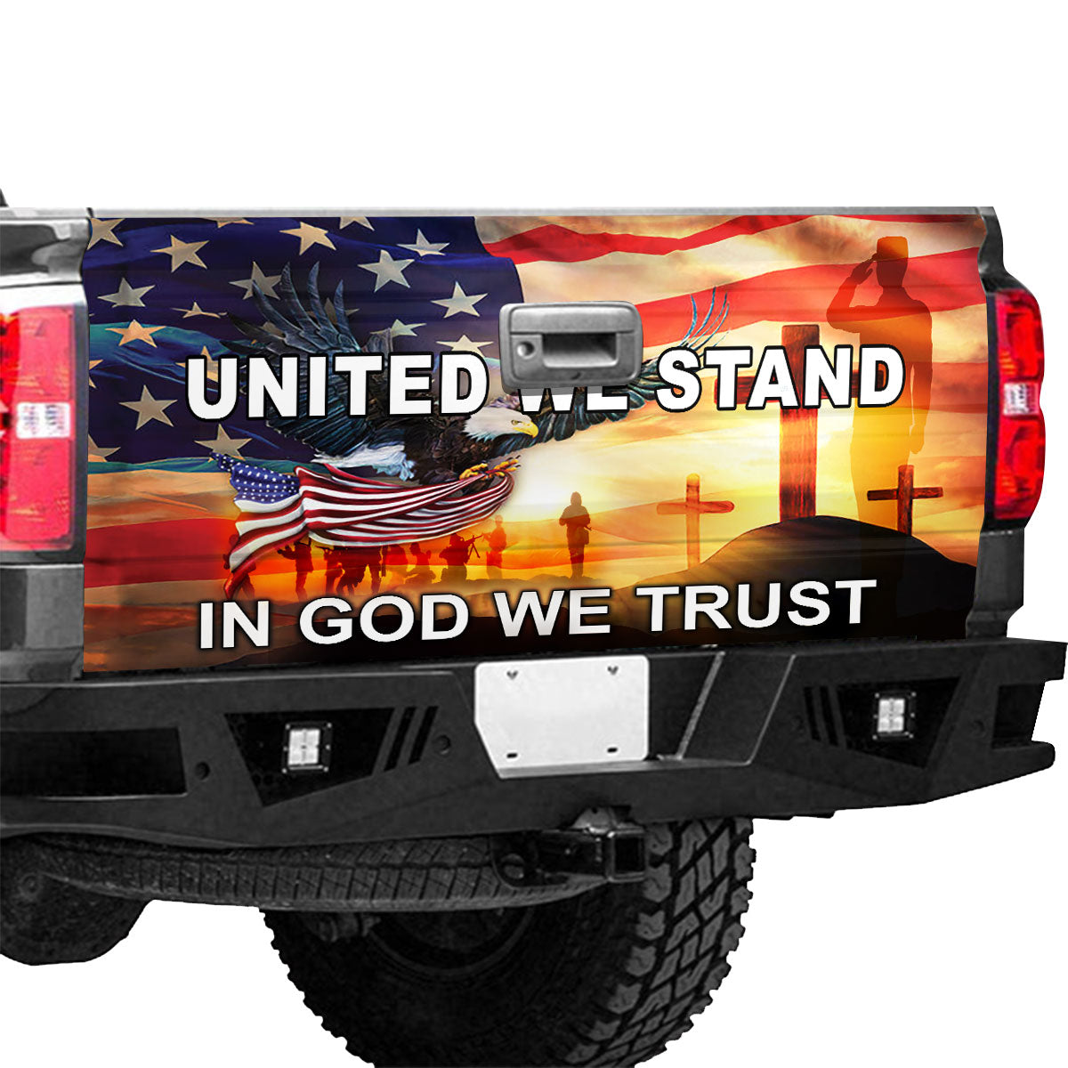 Petthouse | United We Stand In God We Trust Quote Solider Tailgate Wrap Decal Truck Decal Stickers Gift Idea